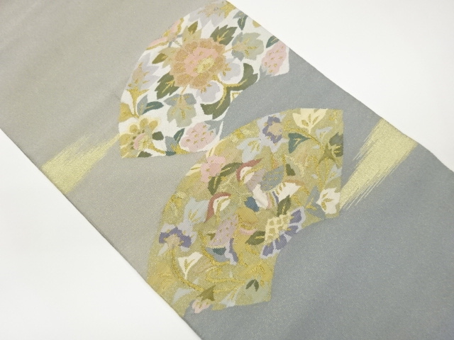 綴れ地紙に向かい鴛鴦・草花模様織出し名古屋帯